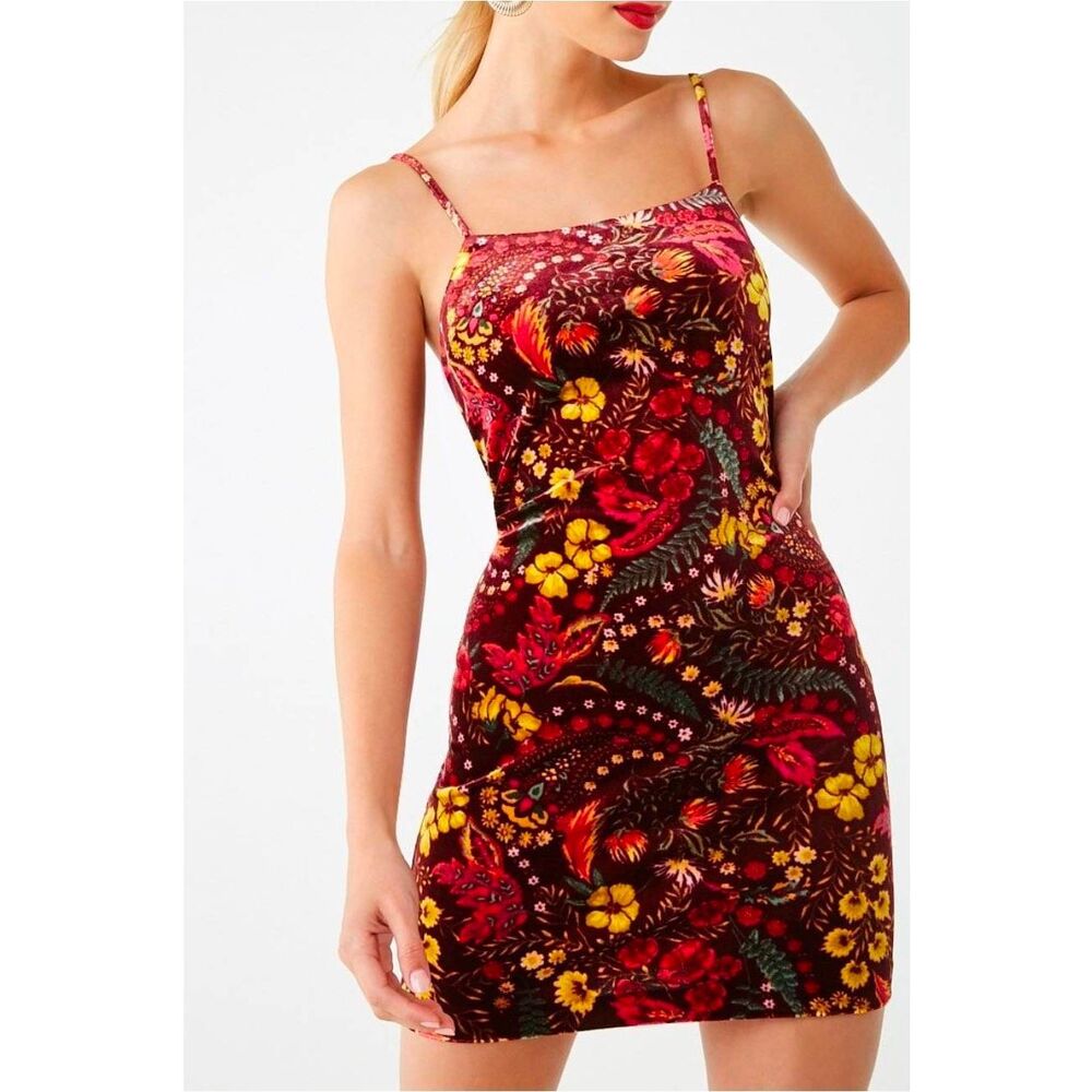 Forever 21 Floral Velvet Spaghetti Strap Bodycon Mini Dress Sz. S Jr.